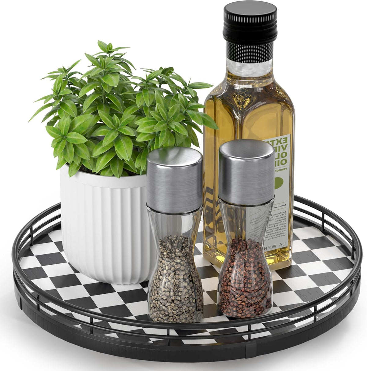 Black and White Kitchen Lazy Susan Turntable – Checkered Round Decorative Tray, 10” Table Top Oak Wood Lazy Susan for Cookies, Dining Table Organizer, Small Kitchen Table Centerpiece