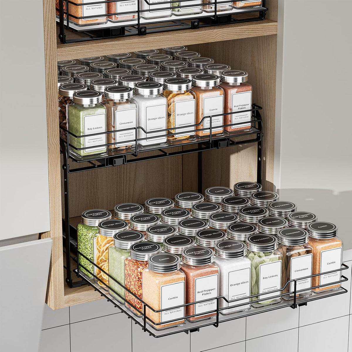 2-Tier Pull Out Spice Rack, Spice Rack Organizer, Pull Out Spice Racks for Inside Cabinets, Height Adjustable Heavy Duty Metal Basket for Inside Cabinet & Pantry (13.5''Wx10.5''Dx9.5''H)