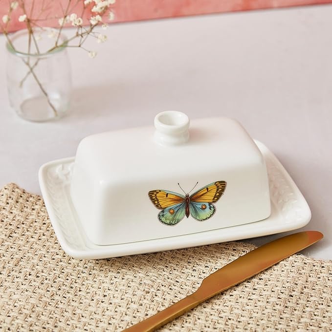 Portmeirion Botanic Garden Harmony Covered Butter Dish, 7.5 Inch - Porcelain Butter Keeper with Butterfly Motif - Dishwasher, Microwave, Freezer, Oven Safe - Vintage Inspired Kitchenware