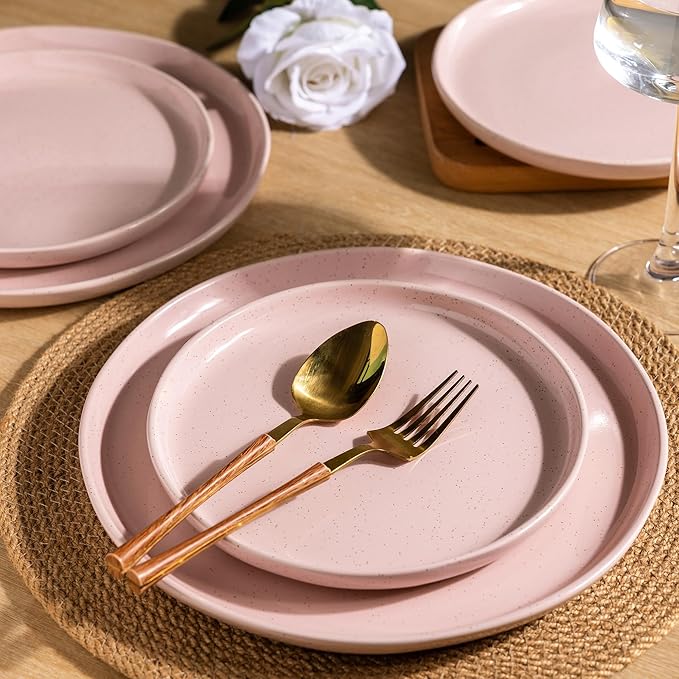 AmorArc Ceramic Dinnerware Sets for 6, 18 Pieces Handpainted Speckled Plates and Bowls Set with Rustic Terracotta Underside, Scratch Resistant Stoneware Dishes Set, Dishwasher & Microwave Safe, Pink