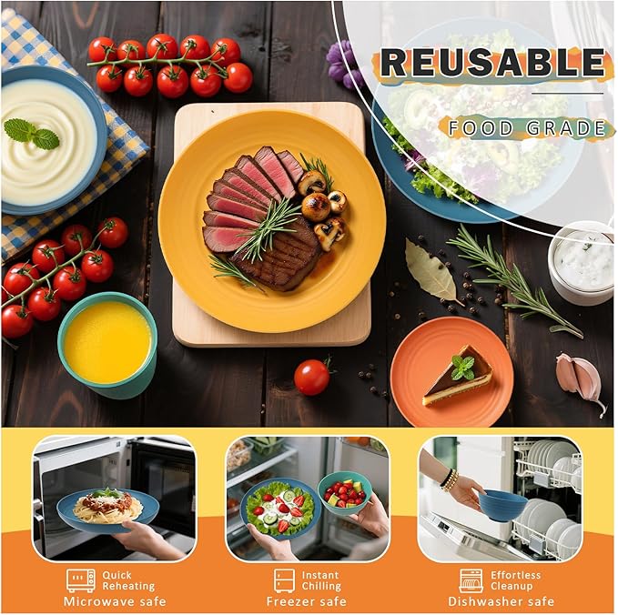 Wheat Straw Dinnerware Sets, Plates and Bowls Sets Unbreakable & Microwave Safe - 32 Piece Service for 8 Dinner Plate Dessert Plate Cereal Bowl Cup for Kitchen & Outdoor - Multi