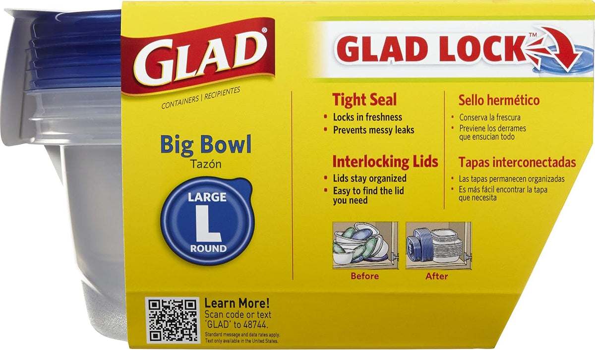 Glad Big Bowl Food Storage Containers, Large Round - (48 Oz) - 3 Count, Standard