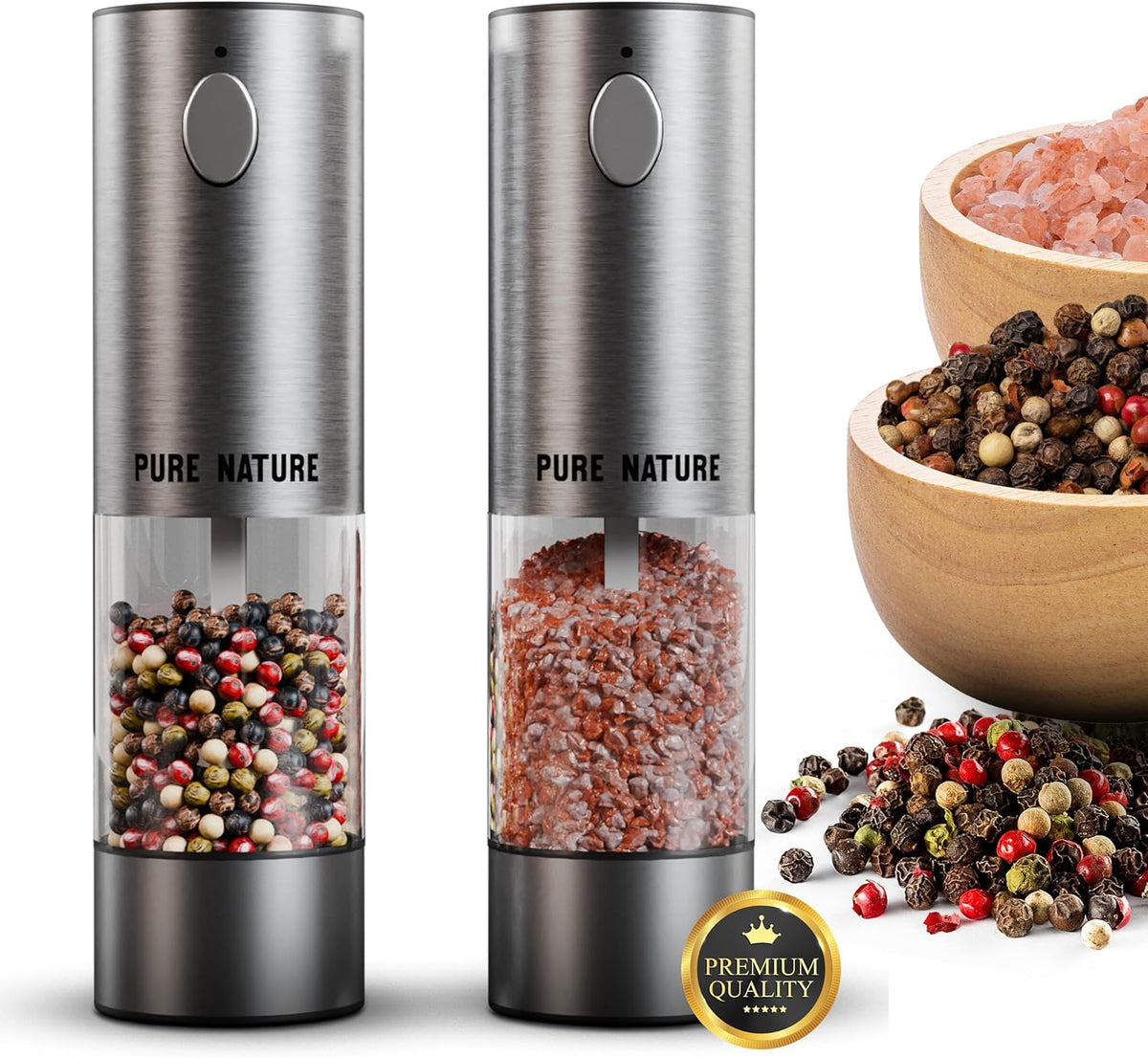 Pure Nature Electric Rechargeable Salt and Pepper Grinder Set with tray: Premium quality with upgraded larger capacity and LED Lights, 5 Adjustable Coarseness, Refillable, Type-C Fast Charging.