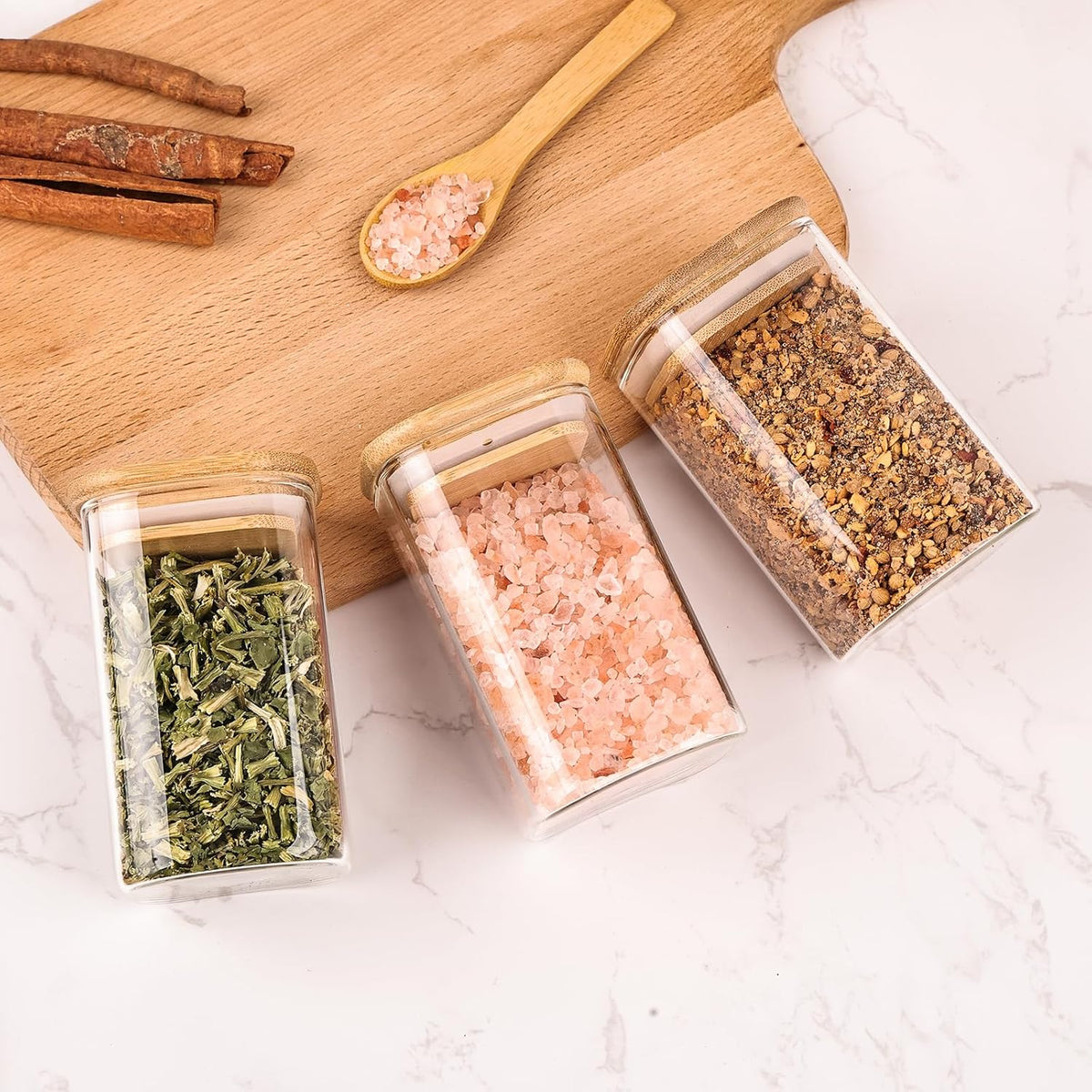 6oz Glass Spice Jars with Bamboo Lid and Label, 12 Pack Square Glass Container, Small Food Storage Containers for Kitchen, Clear Empty Seasoning Jar for Sugar, Salt, Coffee Bean, Herb, Borosilicate