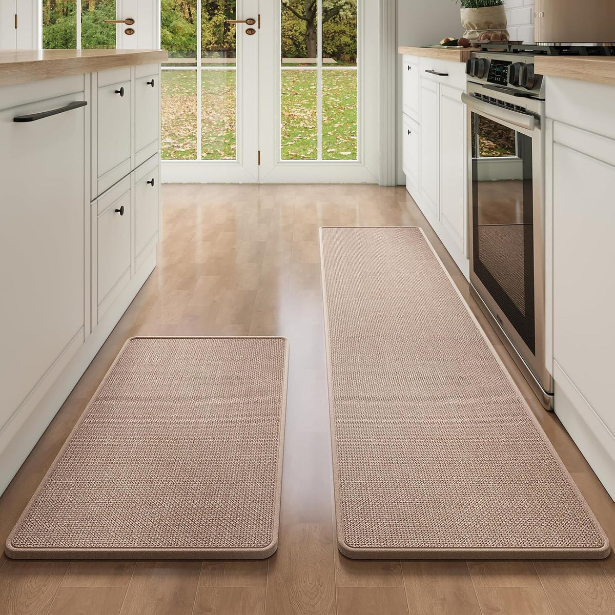 Kitchen Mat Set of 2 PCS, Kitchen Mats for Floor, Linen-Look Woven Absorbent Kitchen Runner Rugs Non Slip Washable Comfort Standing Mats for Kitchen, Front of Sink