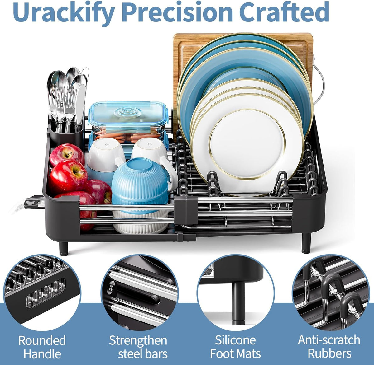 Stainless Steel Dish Drying Rack - Dish Drainer for Kitchen Counter, Extendable Drainboard with Foldable, Space-Saving Cup & Bowl Organizer, Includes Knife and Utensil Holder, Black