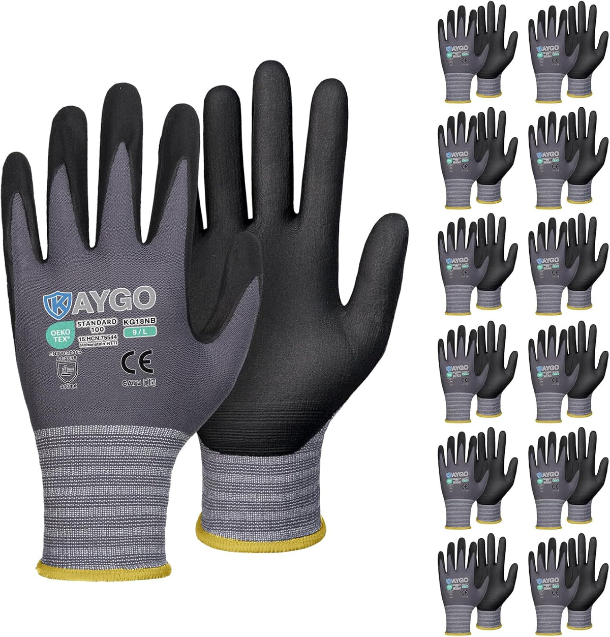 KAYGO Safety Work Gloves MicroFoam Nitrile Coated, 12 Pairs KG18NB,Seamless Knit Nylon Glove for Men and Women, Ideal for Automotive,Warehouse,Construction (Large,Gray)