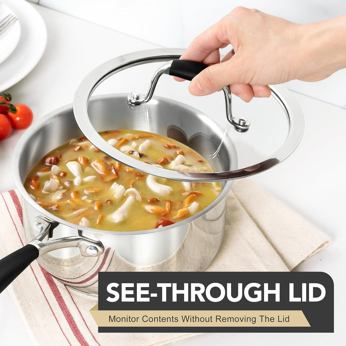 MICHELANGELO Triply Stainless Steel Saucepan with Lid 6 Pcs, Stainless Steel Sauce Pan with Bakelite Handle, Multipurpose Saucepans Set for Kitchen Cooking, Induction Compatible - 1QT & 2QT & 3QT