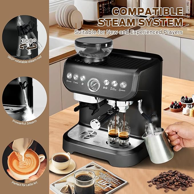 MIROX Espresso Machine 15 Bar, Coffee Maker With Milk Frother Steam Wand, Built-In Bean Grinder, Combo Cappuccino Machine with 70oz Removable Water Tank (ABS high-strength plastic shell)