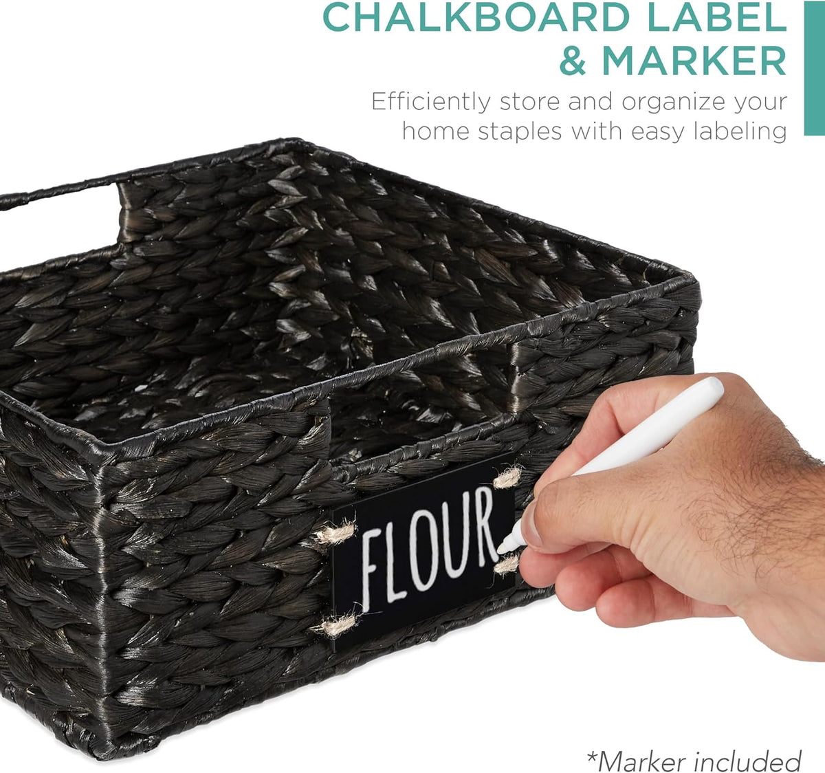 Best Choice Products Set of 4 13x12in Water Hyacinth Pantry Baskets, Woven Organizers w/Chalkboard Label, Chalk Marker - Black