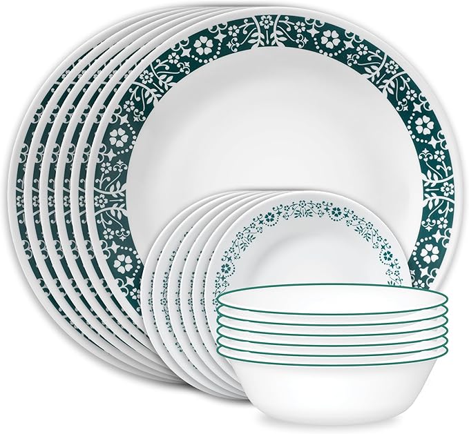 Corelle Vitrelle 18 Piece Glass Dinnerware Sets Service for 6, Triple Layer Chip & Crack Resistant Glass Plate and Bowl Sets, Penelope