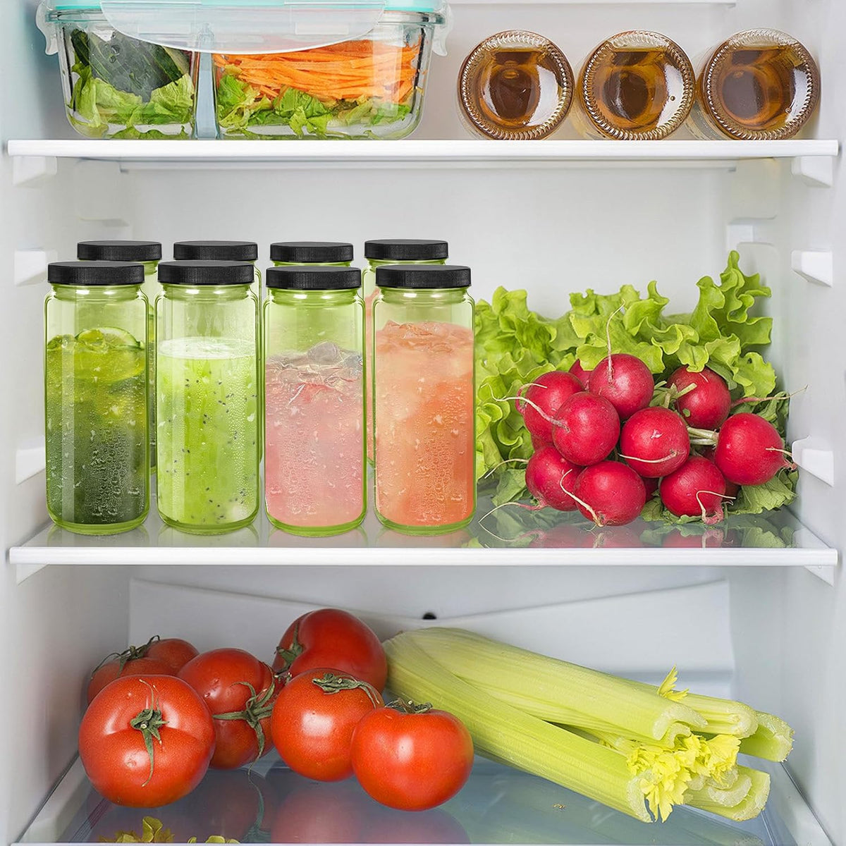 Ruckae Green 16oz 10 Pack Juice Bottles, Glass Bottles Juicing with Lids, Smoothie Cup Lids and Straws, Water Bottle Mason Jar Drinking Glasses for Juicing, Smoothies, Kombucha