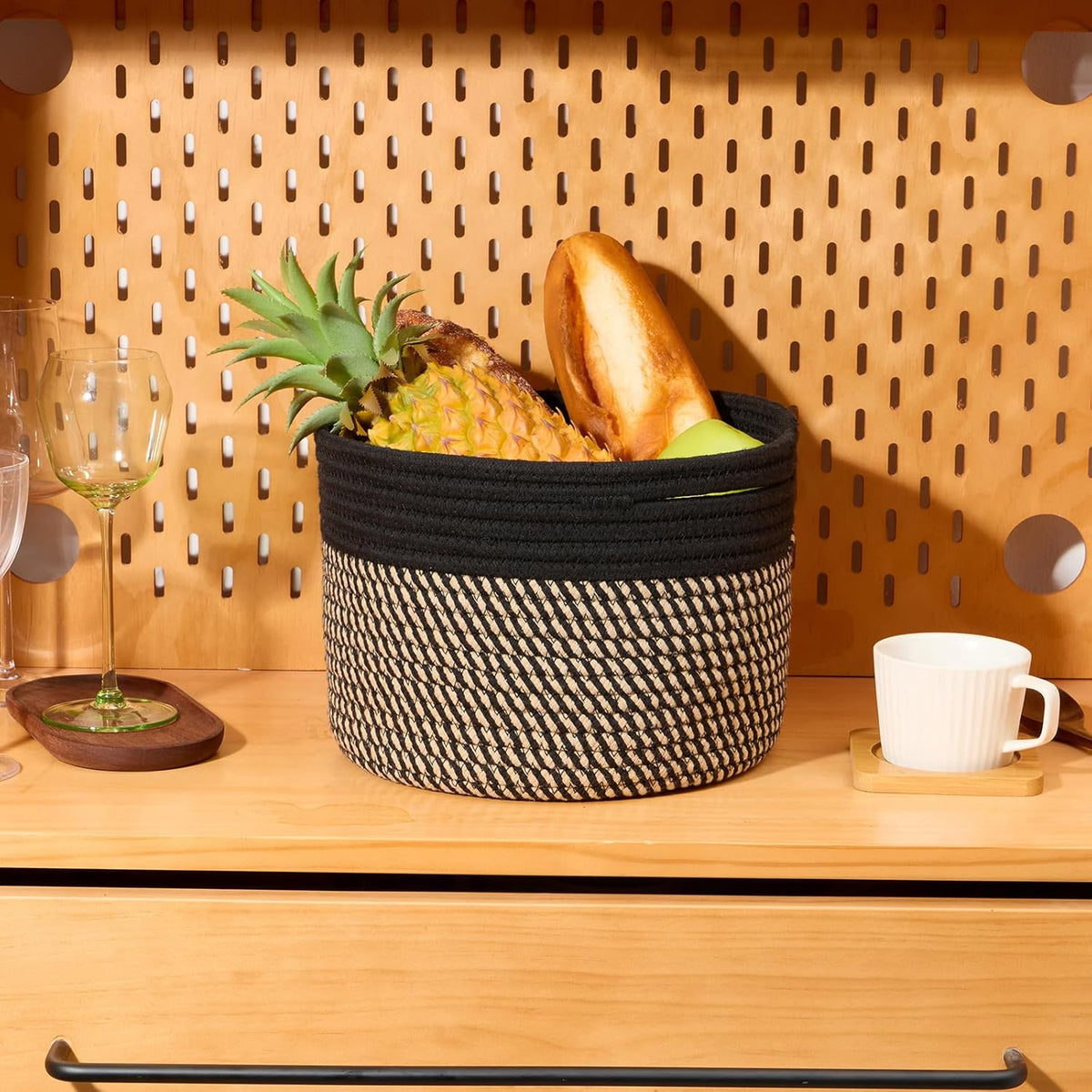 Small Basket for Organizing | Cube Shelf Closet Storage Baskets | 9.7×9.7×7.1” | Woven Rope Gift Basket | Nursery | Round 3 Packs Black Brown