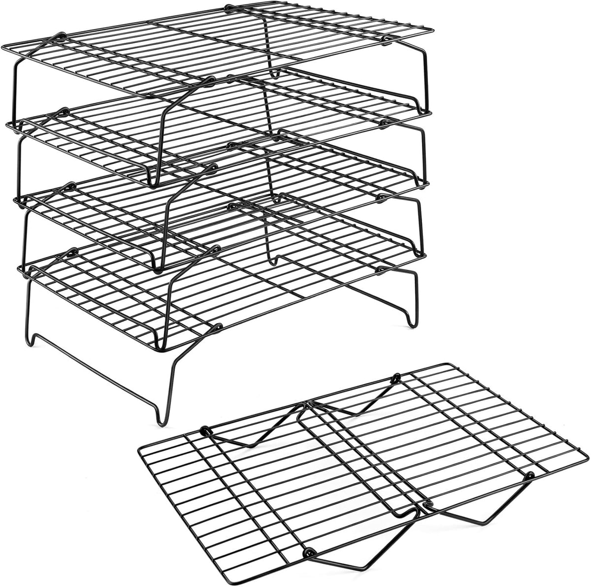 P&P CHEF Cooling Rack, 5-Tier Stainless Steel Stackable Baking Cooking Racks for Cooling Roasting Grilling, Collapsible & Heavy Duty, Oven Safe & Easy Clean, 15" x 10", Black