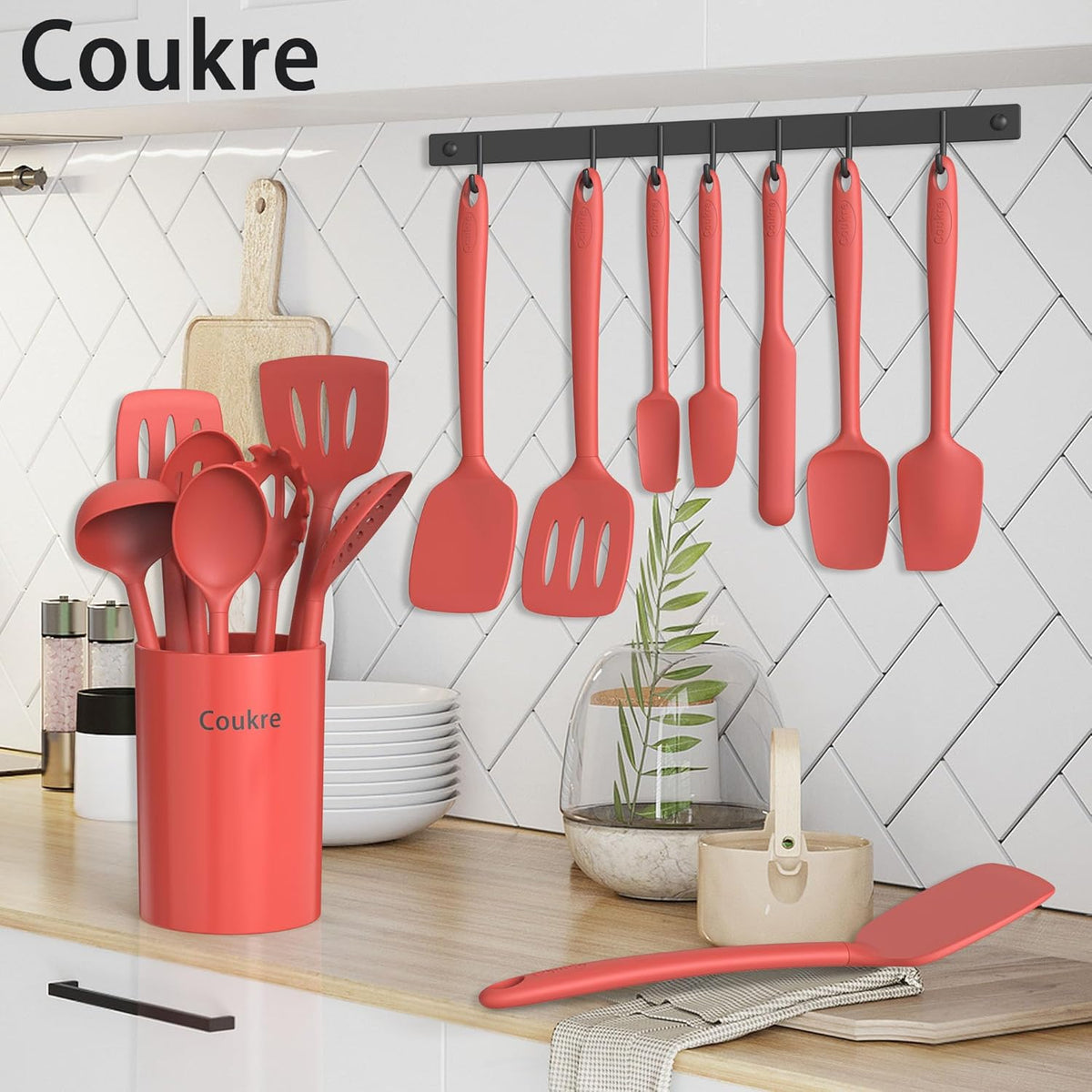 Coukre Silicone Kitchen Cooking Utensils Set with Holder – Heat-Resistant, Food-Grade Kitchen Tools, Spatula, Spoon & Gadgets for Non-Stick Pans, Dishwasher Safe (14, PureRed)