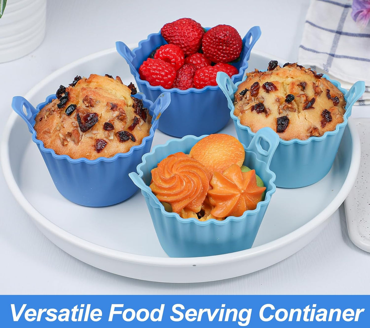 Koluti Reusable Silicone Baking Cups Set of 4, Nonstick Muffin Cupcakes Mold with Double Handle, BPA Free, Small Round Air Fryer Cupcake Liners, 2 Color