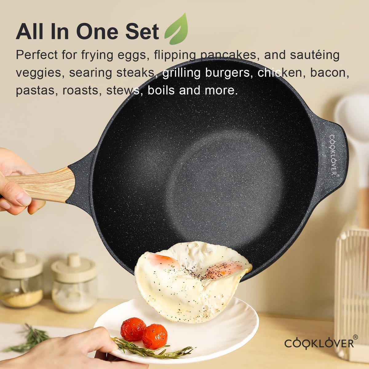 COOKLOVER Nonstick Woks And Stir Fry Pans Die-cast Aluminum Scratch Resistant 100% PFOA Free Induction Wok pan with Lid 12.6 Inch - Black
