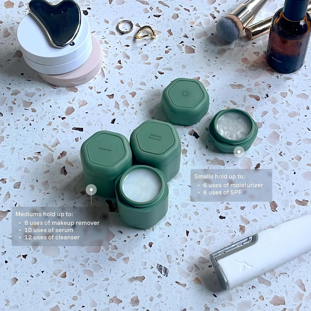 Cadence Travel Containers - Core Skincare Set - Magnetic Containers with Lids,2 Small (0.56oz) & 3 Medium (1.32oz) - Cleanser, Moisturizer, Serum, Makeup Remover & Sun Icon Labels - Eucalyptus