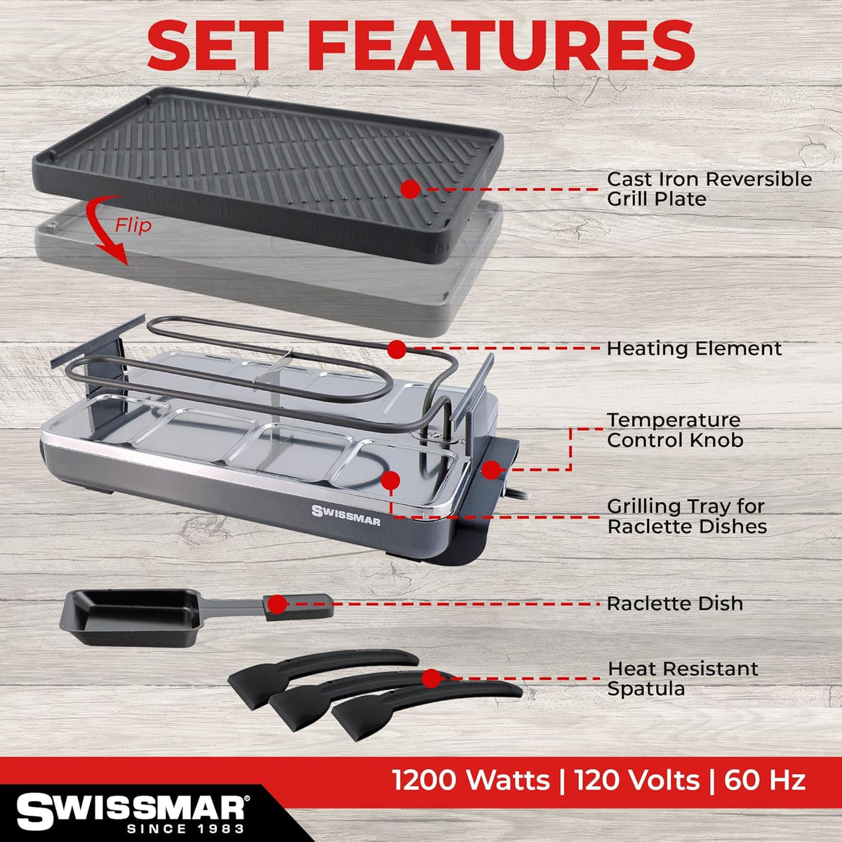 Swissmar Classic 8-Person Raclette Party Grill - Indoor Electric Grill & Griller with Reversible Cast Iron Grill Plate/Crepe Top - Anthracite Black