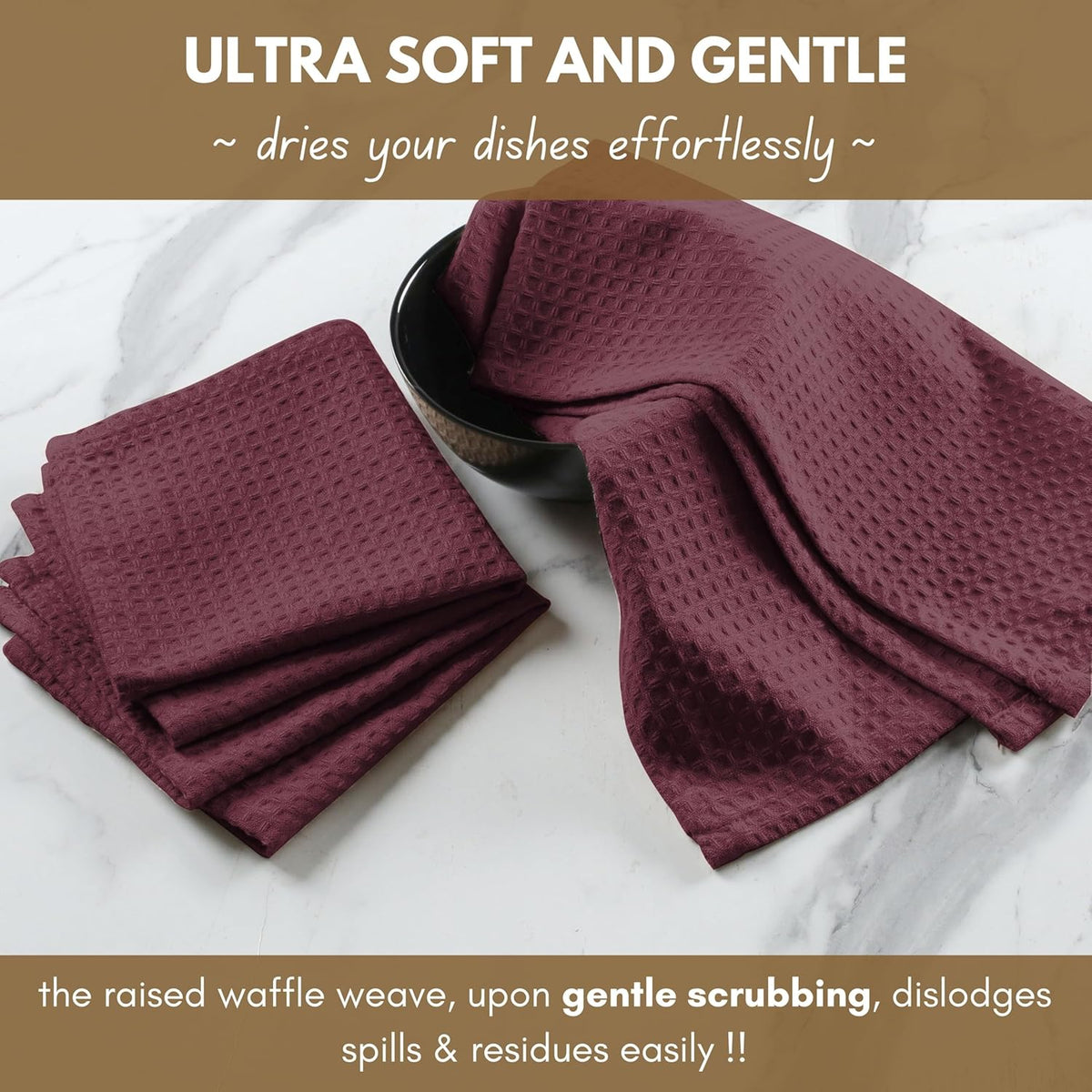 Native Fab Cotton Kitchen Towel with Hanging Loop 16x26 inches, 12-Pack, Waffle Weave Kitchen Towels for Cleaning Drying, Washcloths Soft & Absorbent Cloth Rags, Bar Towel, Dish Cloth, Burgundy Wine