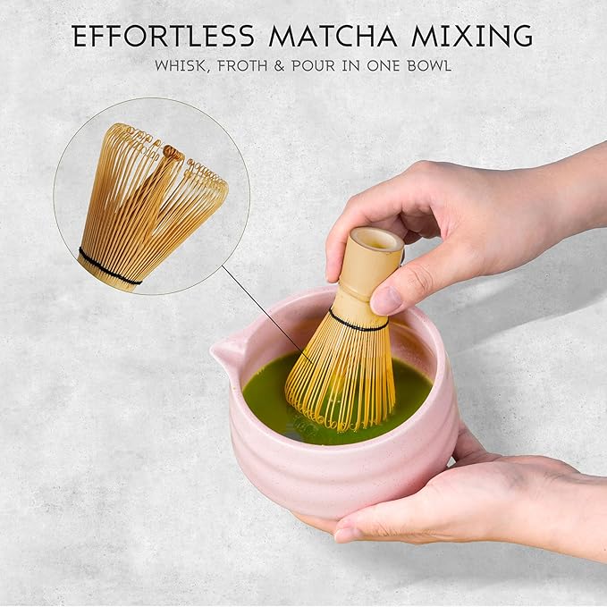 Matcha Whisk Set, 8-Piece Pink Matcha Set with Ceramic Bowl, Bamboo Whisk, Sifter, Large Mat and More – Complete Matcha Kit with Gift Box for Matcha Lovers