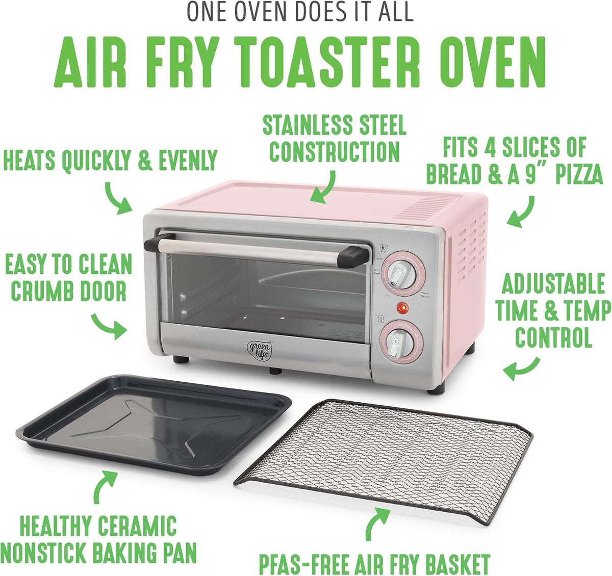 GreenLife Countertop Toaster Oven Air Fryer Stainless Steel, Healthy Ceramic Nonstick, PFAS and PFOA-Free, Tray & Basket, Bake, Broil, Reheat, Adjustable Temp & Time Control, Auto Shutoff, Pink