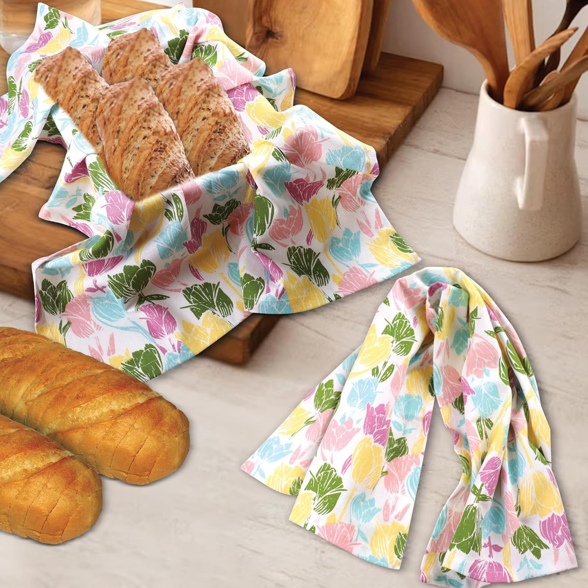 Urban Villa Collection Kitchen Towels Tulip Flowers Multi Color Premium Quality,100% Cotton Dish Towels, Mitered Corners,(Size: 20X30 Inch), Highly Absorbent Bar &Tea Towels - (Set of 6)