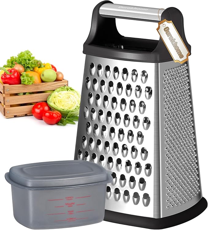 Ourokhome Cheese Grater with Handle, Stainless Steel Box Grater, 4 Side Kitchen Vegetable Shredder Slicer Zester with Container for Parmesan, Cabbage, Ginger, Lemon, Chocolate, Coconut (Black)