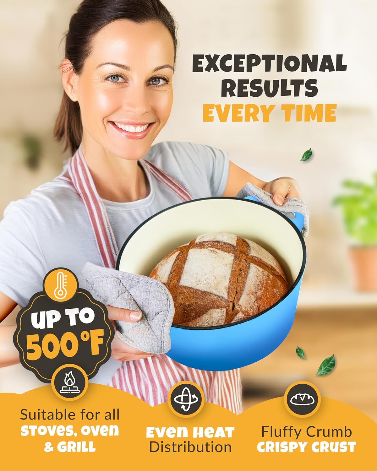 Dutch Oven for Bread Baking - incl. Sourdough Bread-Baking Supplies like Banneton Bread-Proofing Basket - 5QT Enameled Cast Iron Bread-Oven with Lid, Bread-Pan Sour Dough Starter Kit
