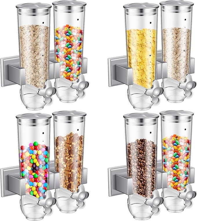 Huwena 4 Sets Cereal Containers Storage,3L Each Set Wall Mounted Cereal Dispenser Dry Food Dispenser Grain Storage Dispenser for Candy Oatmeal Coffee Bean Nuts Food Container (Silver)