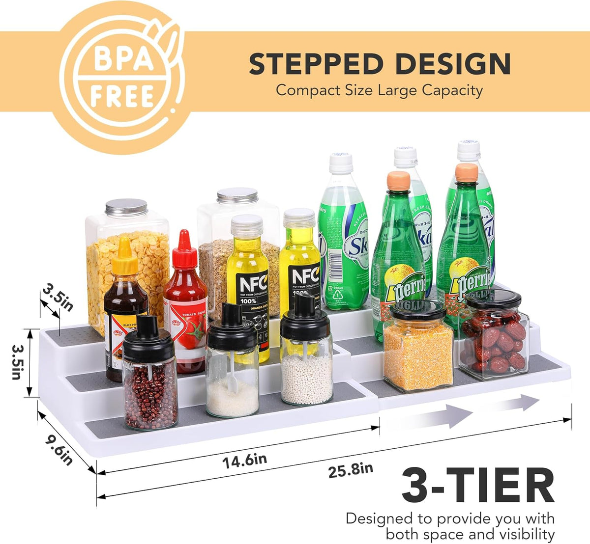 3 Tier Expandable Spice Rack Organizer, White/Grey Plastic Spice Rack, Adjustable Length 14.6In-25.8In, 2 Pack Non-Skid Tiered Spice Shelf Organizer for Kitchen Cabinet, Cupboard, Pantry