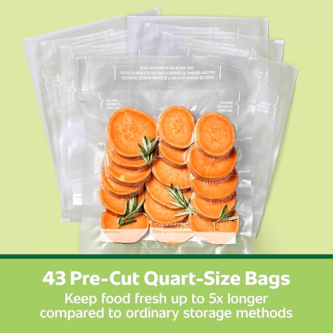 FoodSaver Quart Pre-Cut Vacuum Seal Bags, Easy Use Vacuum Storage Bags, Align to Seal and Tear to Open Vacuum Sealer Storage Bags, 43 Pack
