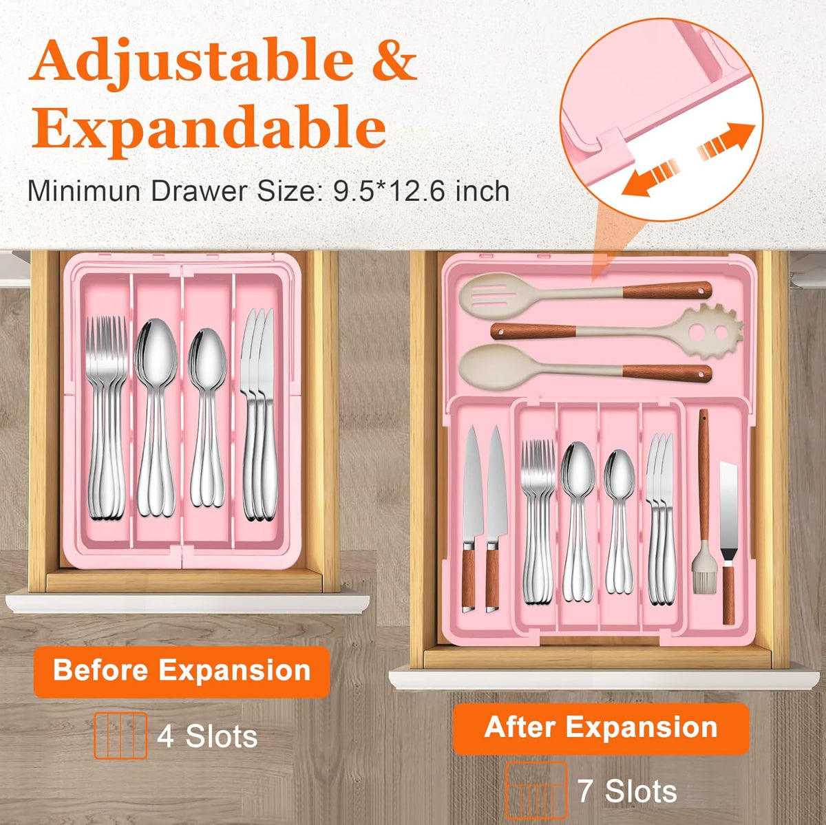 Silverware Organizer Expandable Silverware Drawer Organizer Adjustable Drawer Organizer, Flatware Cutlery Tray for Spoons Forks Knives Kitchen Organizers Storage,Pink