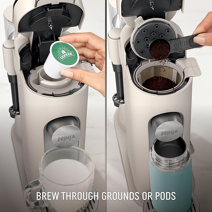 Ninja Pod & Grounds | Coffee Maker | XL Single-Serve | K-Cup Pod Compatible | Brews Grounds | Compact Design | Built-In Milk Frother | 68-oz. Reservoir, 6-oz. Cup to 24-oz. Mug Sizes | Stone |PB055AST