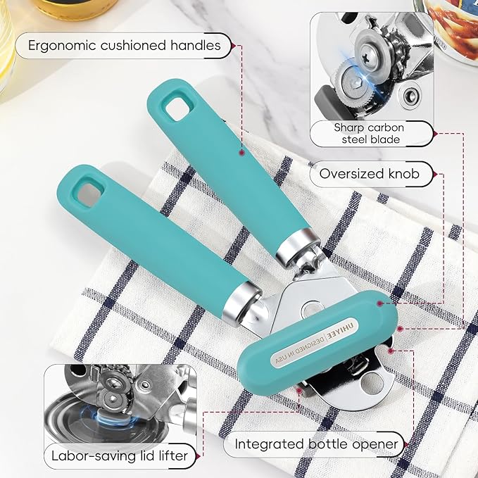 Can Opener Manual, UHIYEE Hand Held Manual Can Openers Heavy Duty with Smoother Cut Sharp Blade, Manual Hand Can Open with Soft Handle, Easy to Turn Knob, Magnetic Lid Lifter, Turquoise