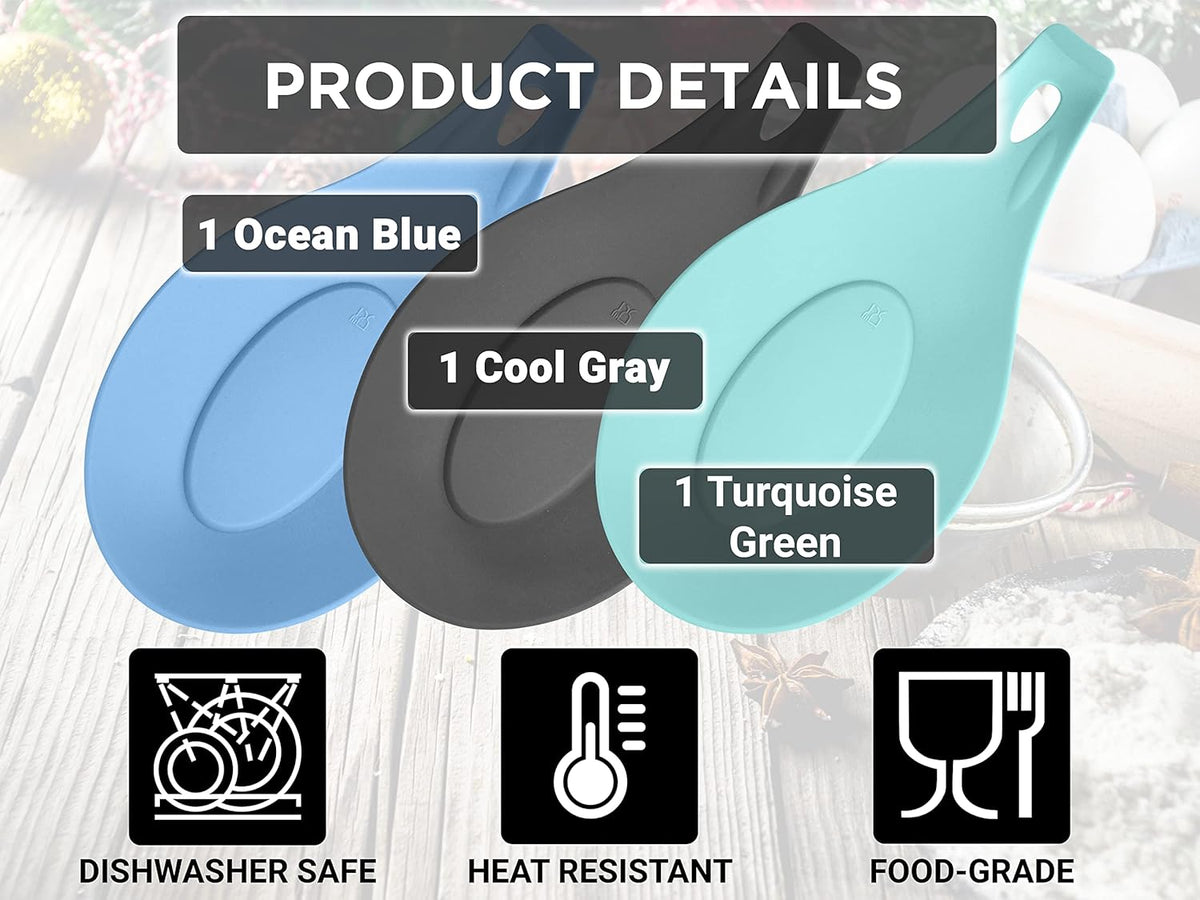 Silicone Spoon Rest for Stove Top, Set of 3 - HEAT RESISTANT, EASY TO CLEAN Kitchen Spoon Rest for Kitchen Counter, Holds XL Utensils, Safe on GLASS & INDUCTION Cooktops, DOESN’T BREAK if Dropped