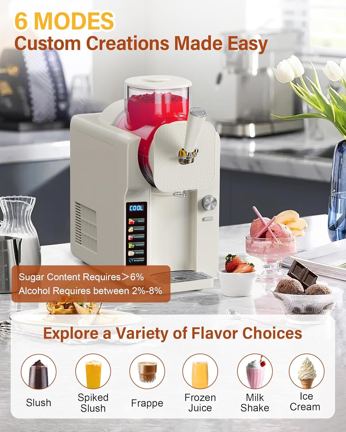 Slush Machine & Ice Cream Maker Machine 2-IN-1, 6 Modes for Smoothies, Milkshakes, Cocktails, Margarita, and Ice Cream, Double-Layer Tank, With Ice Cream Cone Holder, Self-Cleaning, For Home Use