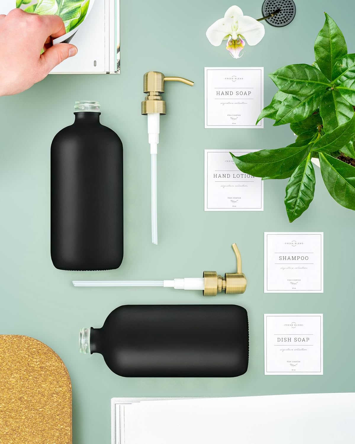 Vine Creations Black Glass Soap Dispenser, 2 Pack Kitchen Soap Dispenser Set with Stainless Steel Pump, 16 oz Dish Soap and Hand Soap Dispensers for Bathroom with Waterproof Labels