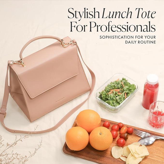 Beige Tan Medium Insulated Lunch Bag for Women for Work, Aesthetic Lunch Boxes and Classy Tote Bag Purse with Strap, Professional Ladies Lunch Bags, Chic Lunch Box for Women, the Office and Workplace