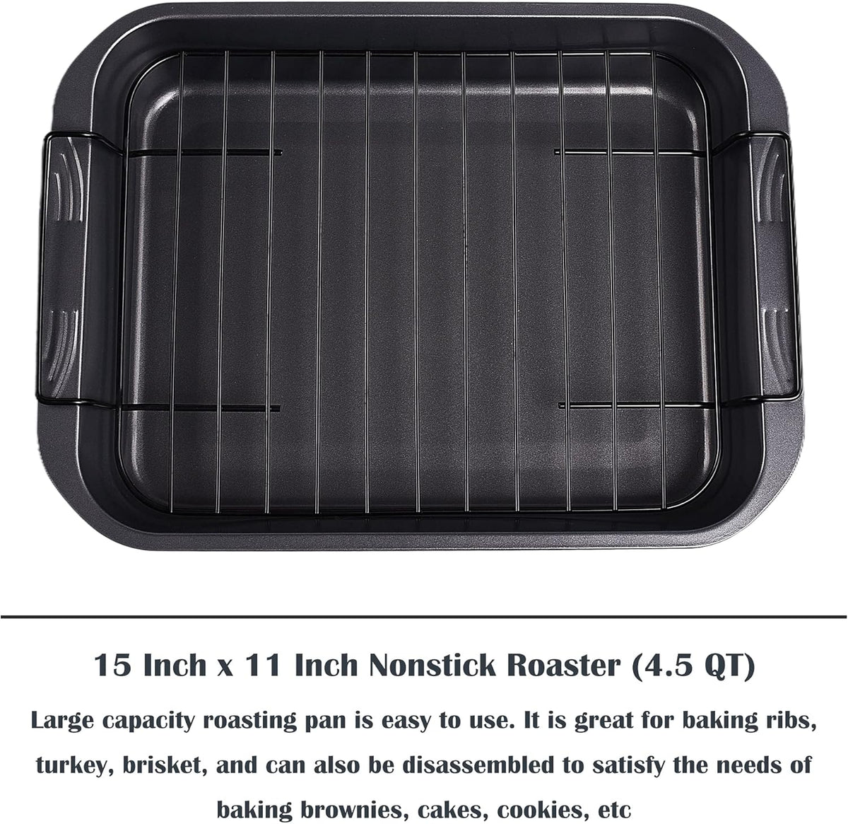 kitCom Bakeware Nonstick Roaster, Nonstick Roasting Pan with Rack, Great For Roast Chicken, Roasts And Turkeys - 15 Inch x 11 Inch (5.8 QT), Gray