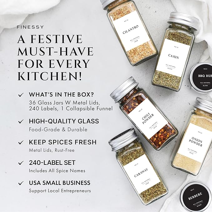 Glass Spice Jars with Labels with Metal Lids and Shakers Farmhouse 36 Pack Set, 4oz Small Clear Empty Spice Bottles Seasoning Containers with Label Organizer Square Herb Seasoning Jars for Kitchen