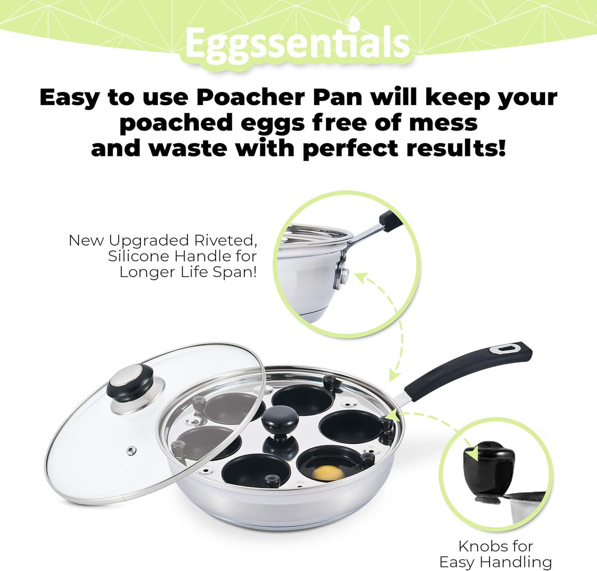 Eggssentials Egg Poacher Pan Nonstick Poached Egg Maker, Stainless Steel Egg Poaching Pan, Poached Eggs Cooker Food Grade Safe PFOA Free with Spatula, Egg Poachers Cookware