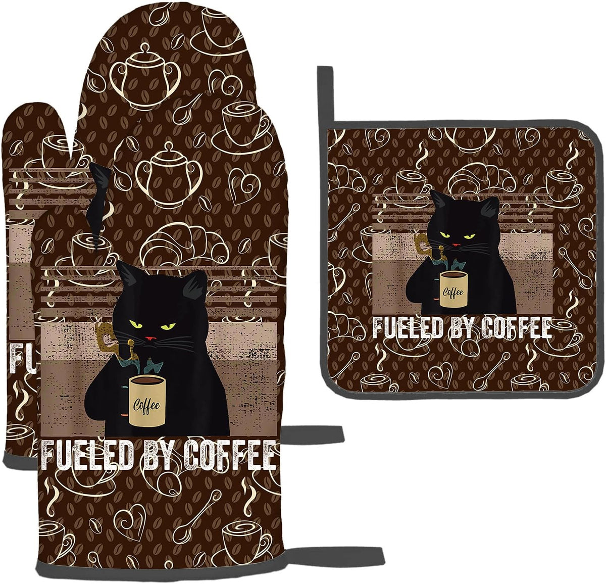 Vintage Cat Oven Mitts and Pot Holders Sets of 3 Retro Coffee Hot Pads Oven Gloves Heat Resistant Non Slip Washable for Kitchen Cooking Grilling Baking
