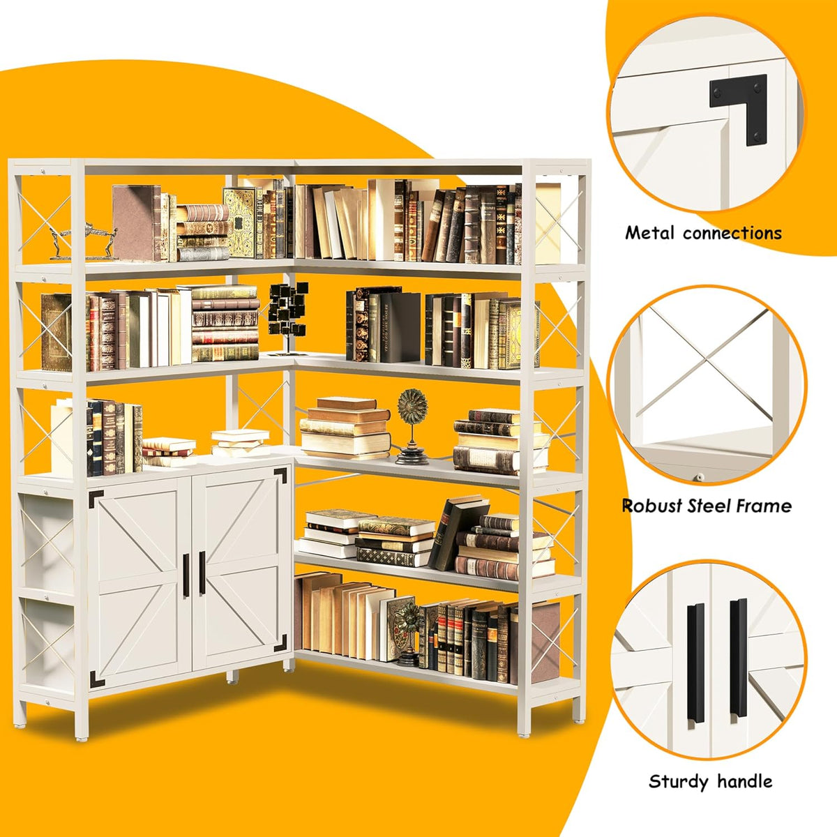 6-Shelf Corner Bookshelf, Vintage Industrial Corner Shelf Etagere Bookcase, Large Book Shelf with Metal Frame Open Storage Corner Cabinet (White-Lockers, Large)