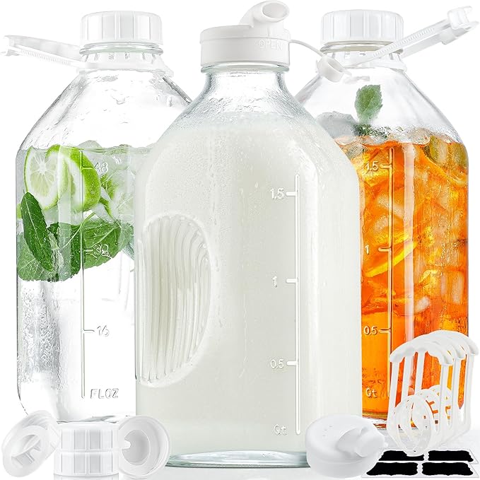 3 Pack 2 Qt Glass Water Bottles with Handle and Airtight Reusable SCREW LID - 64 Oz Juice Jugs, 1/2 Gallon Glass Milk Container for Fridge, Breast Milk Jug Pitcher with 2 Spouts, Extra Lids & Handles
