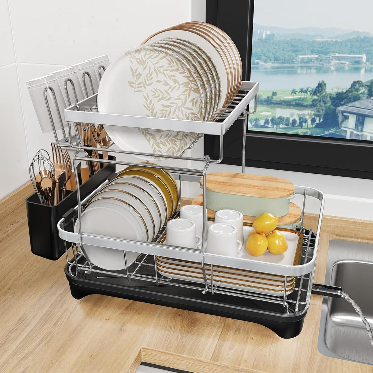 2-Tier Dish Drying Rack for Kitchen Counter, 304 Stainless Steel with Adjustable Drainboard, Removable Utensil Holder & Water Filter Tray, Black