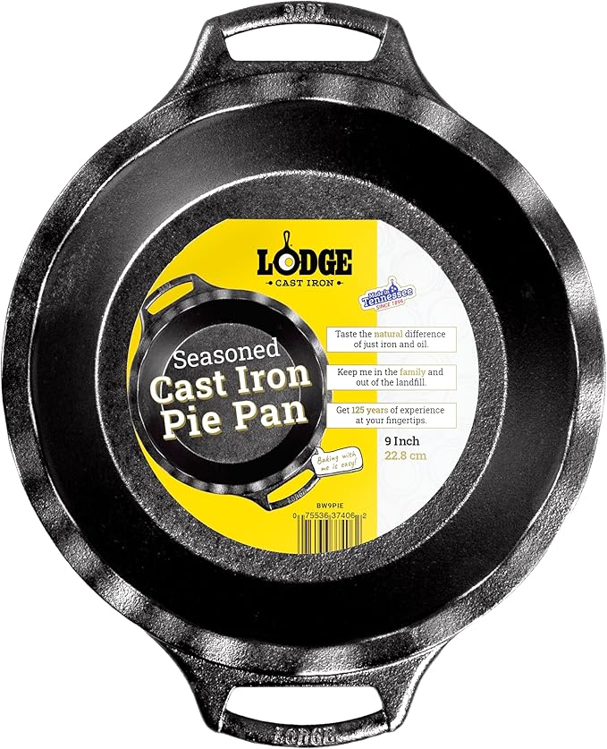 Lodge 9 Inch Cast Iron Pie Pan - PFAS-Free Pre-Seasoned Bakeware for Flaky Crusts, Deep Dish Pies, and Quiches - Dual Handle Design - Made in the USA