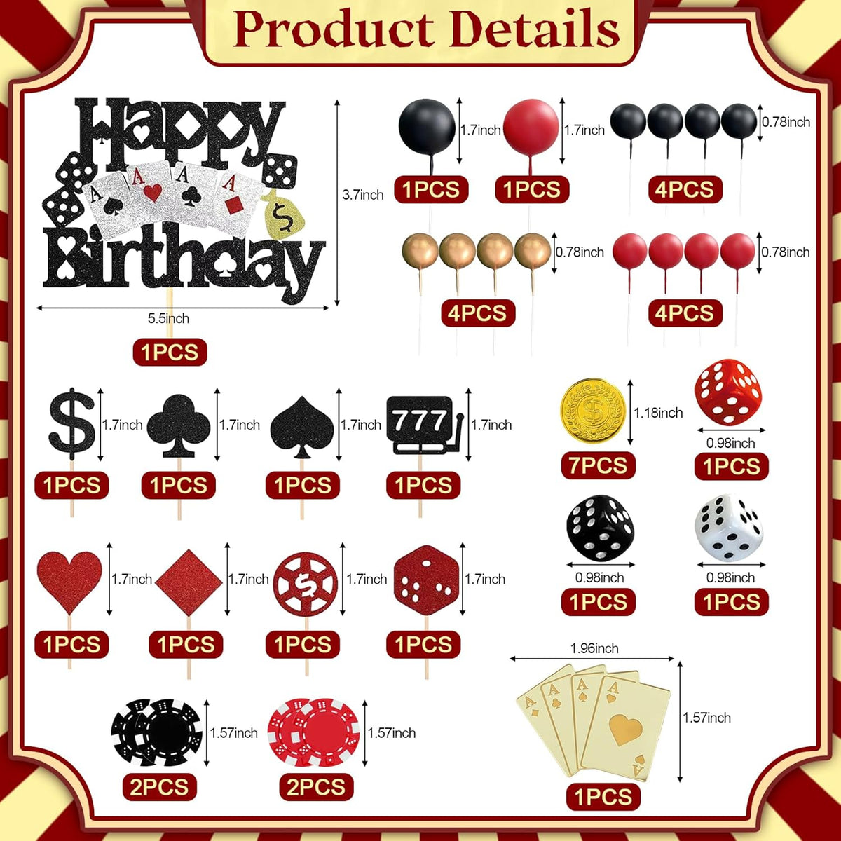 Knana 35Pcs Casino Cake Toppers Dice Poker Cake Topper Casino Theme Party Decorations