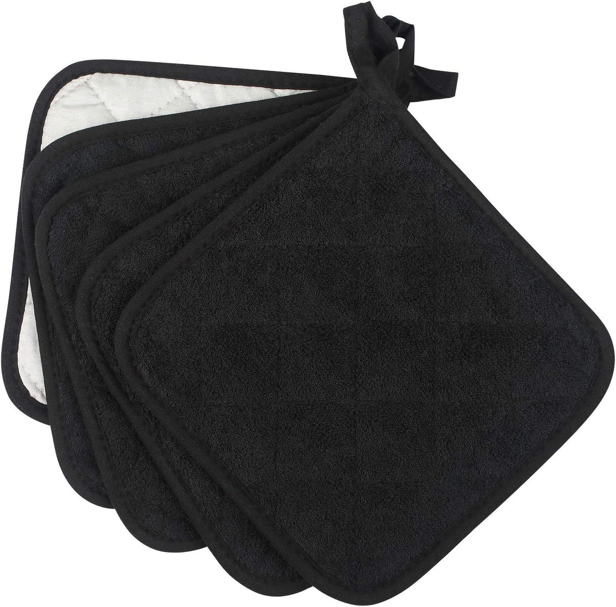 100% Cotton Kitchen Everyday Basic Terry Pot Holder Heat Resistant Coaster Potholder for Cooking and Baking Set of 5 Black