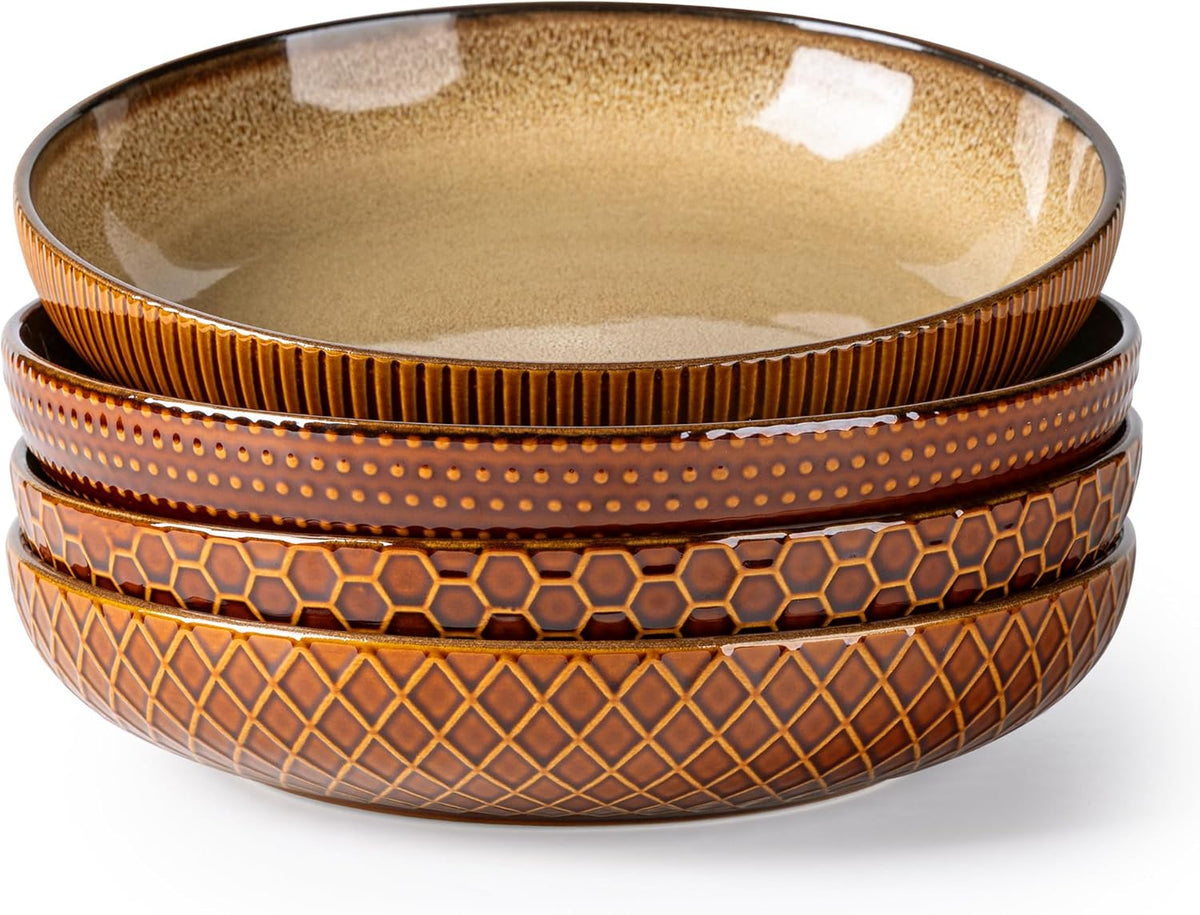 GBHOME 9.5'' Large Pasta Bowls, 42 Ounce Stoneware Salad Bowls for Kitchen, Ceramic Serving Bowls With Textured Pattern for Pasta,Fruit, Stews,Noodle, House-warming Gift, Set of 4-Caramel